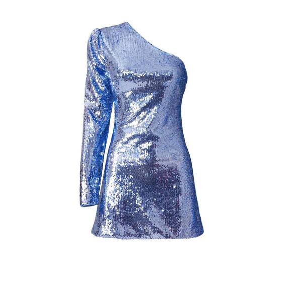 Bardot Blue Sequin One Shoulder-One Sleeve Mini Dress – Size XS - Picture 5 of 8